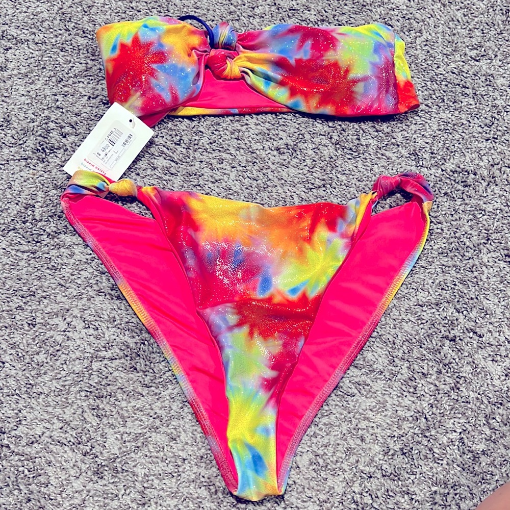 Dippin daisies sparkly neon chrome Barbie bandeau bikini swimsuit large tie-dye